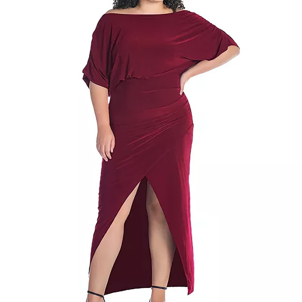 24Seven Batwing Sleeve Slit Maxi Dress Burgundy Boat‎ Neck Womens Size 3X NWT